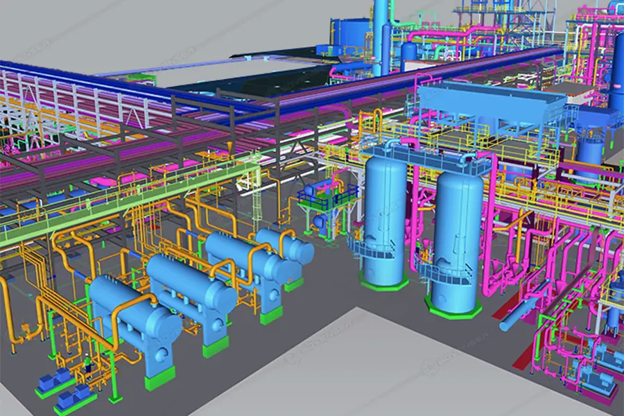 Industrial 3D modeling showing detailed piping, equipment and structural coordination